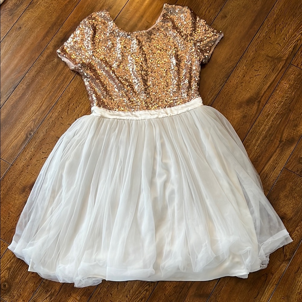 Gold Sequin Top Dress with White Tulle Skirt